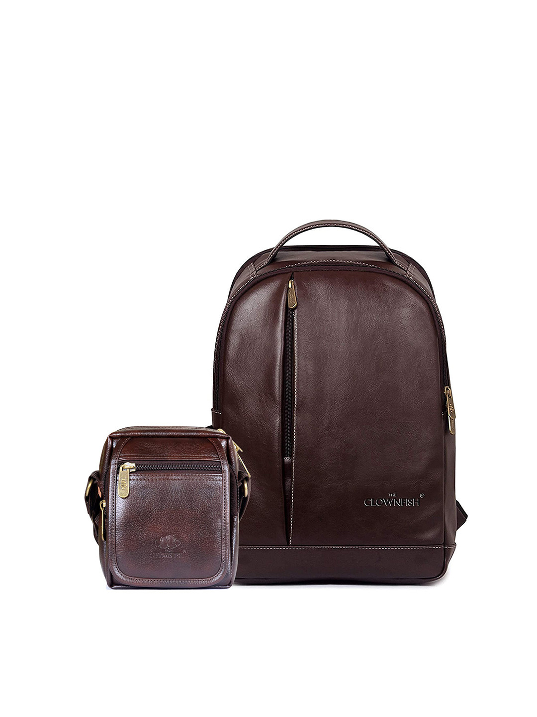 

THE CLOWNFISH Synthetic Leather Laptop Backpack & Sling Bag, Brown