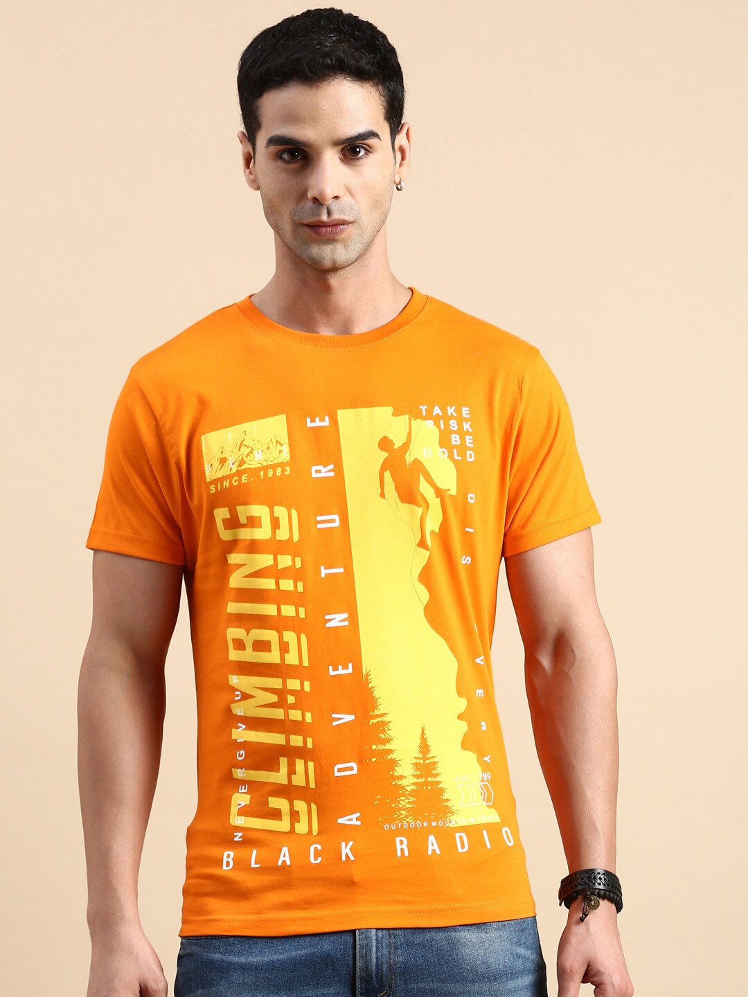 

BLACK RADIO Typography Printed Cotton T-shirt, Orange