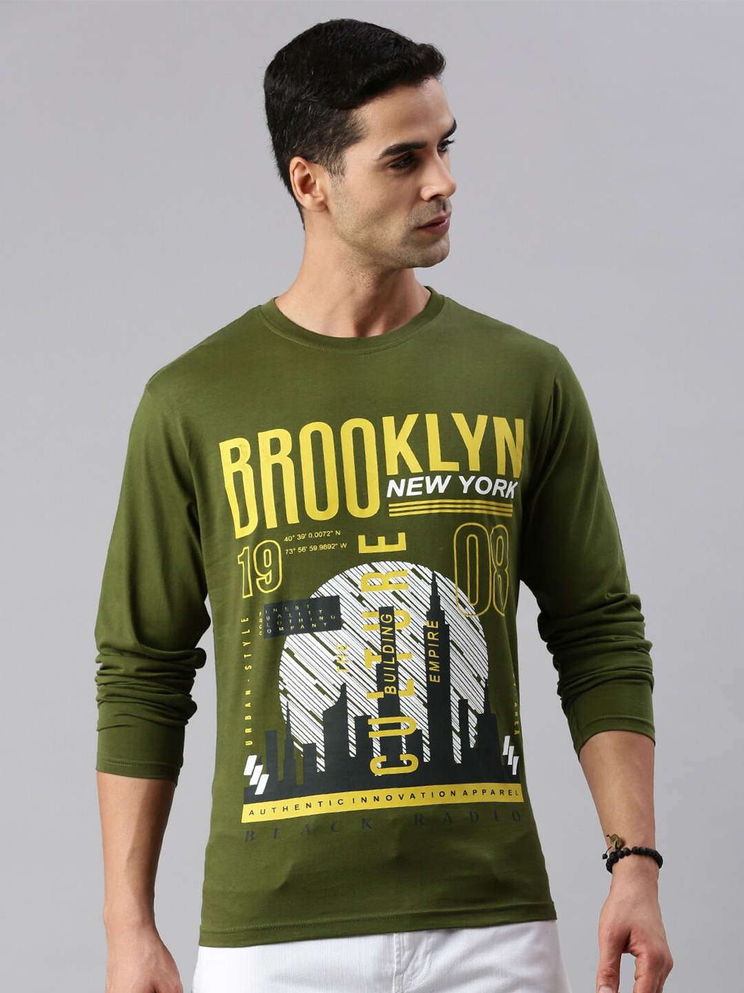 

BLACK RADIO Typography Printed Round Neck Pure Cotton T-shirt, Olive