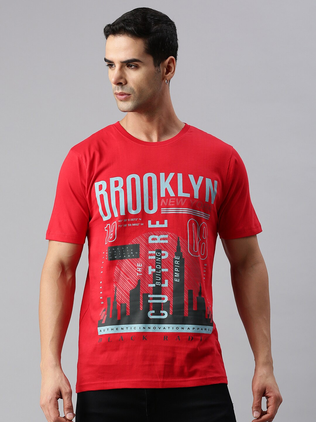 

BLACK RADIO Typography Printed Cotton T-shirt, Red