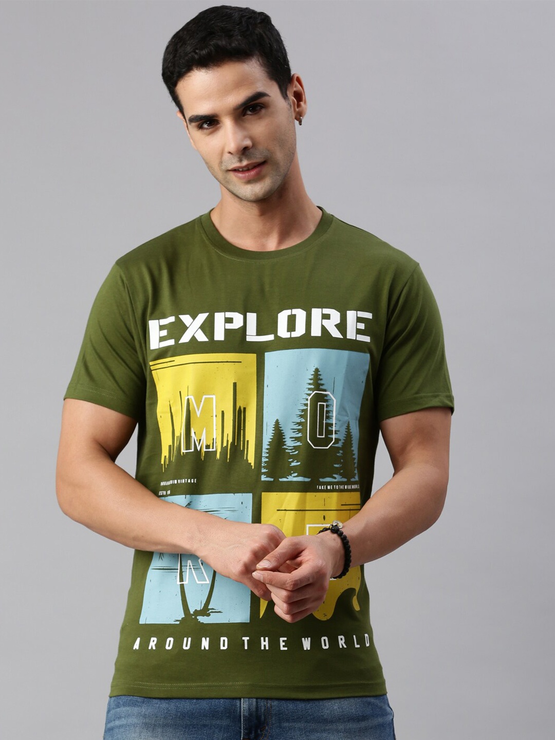 

BLACK RADIO Typography Printed Cotton T-shirt, Olive