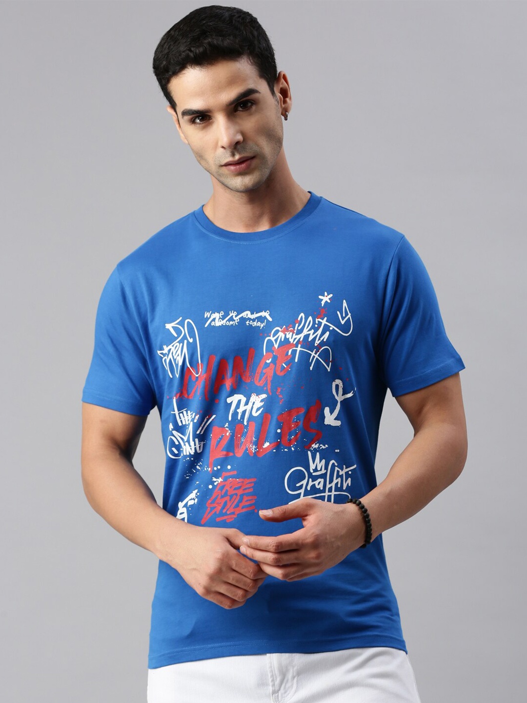 

BLACK RADIO Typography Printed Knitted Cotton T-shirt, Blue