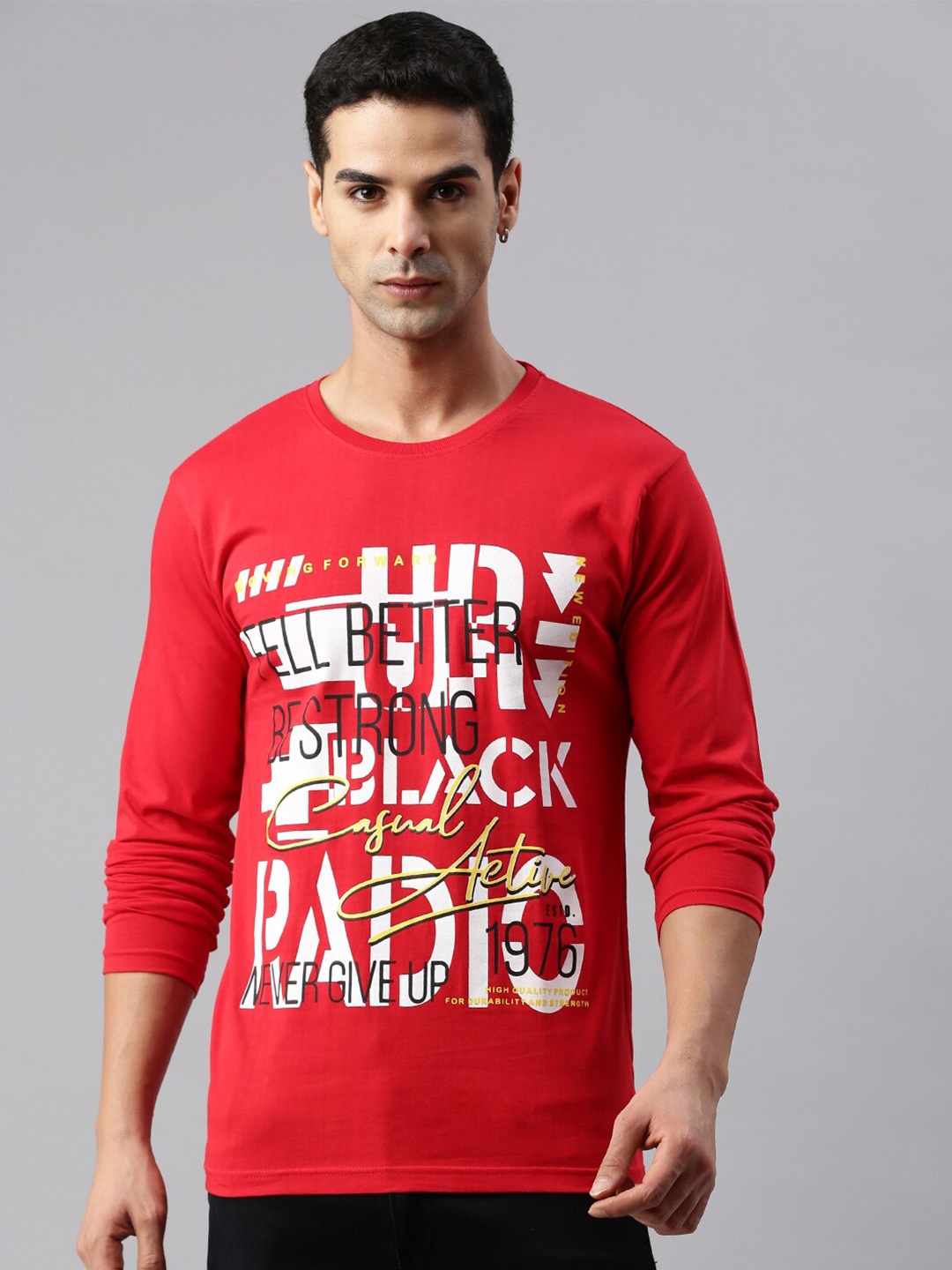 

BLACK RADIO Typography Printed Cotton T-shirt, Red
