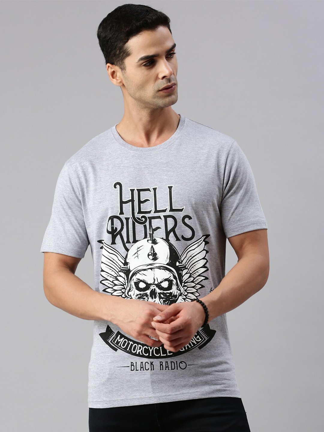 

BLACK RADIO Typography Printed Pure Cotton T-shirt, Grey melange