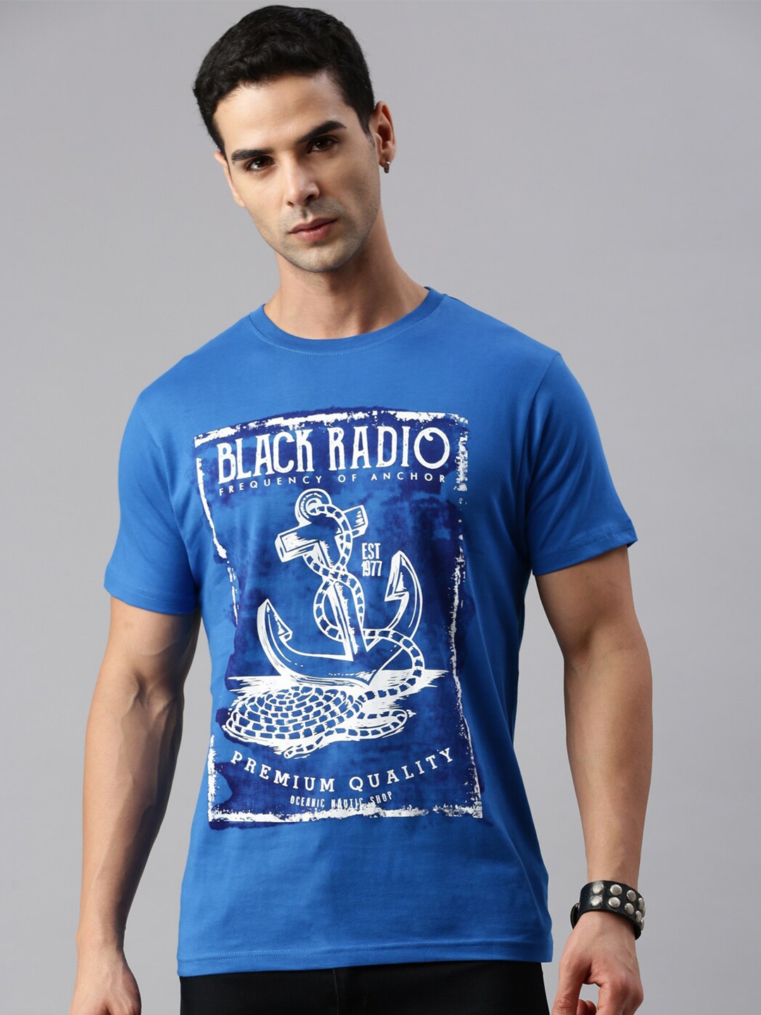 

BLACK RADIO Typography Printed Pure Cotton T-shirt, Blue
