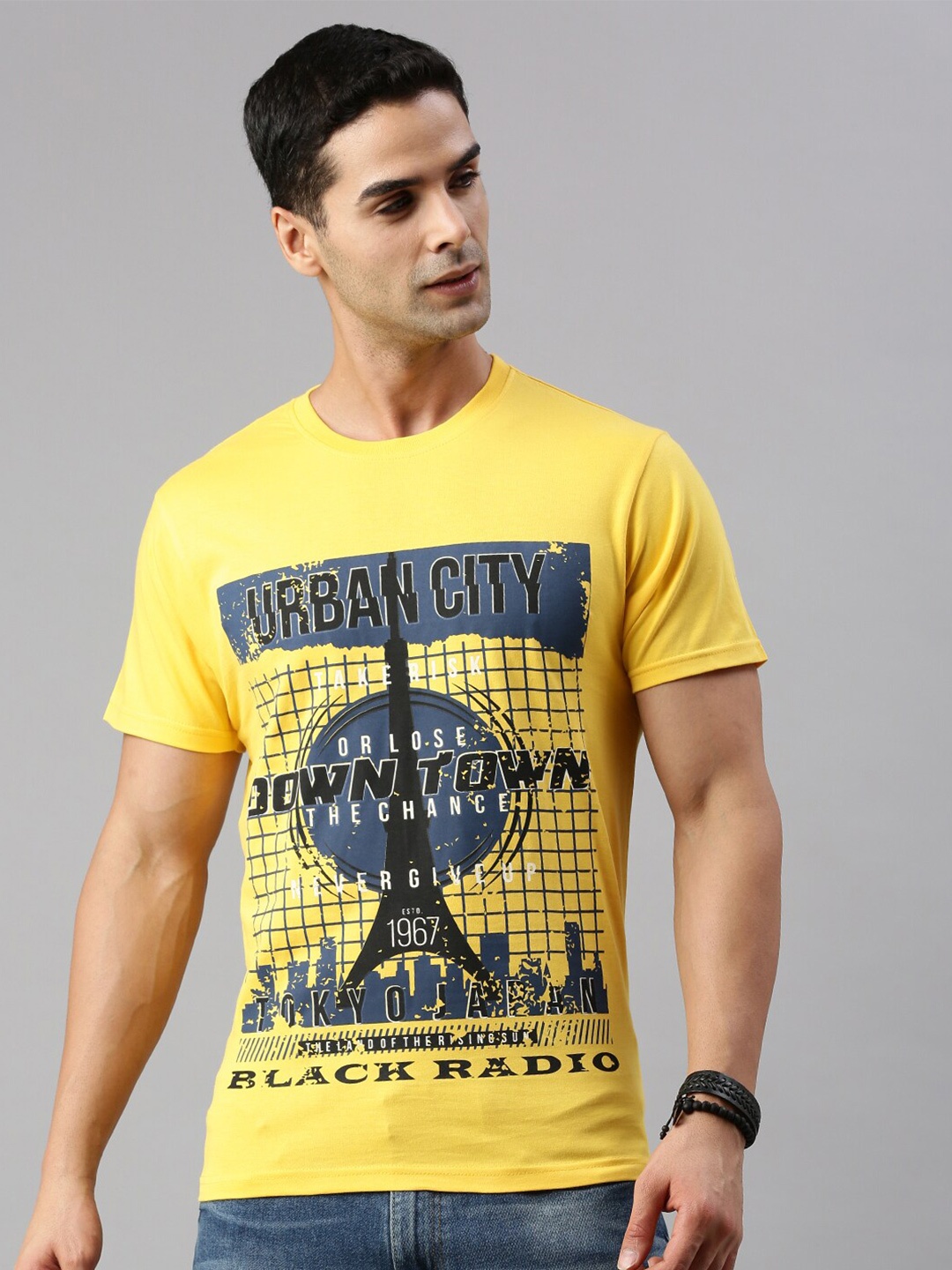 BLACK RADIO Typography Printed Cotton T-shirt, Yellow