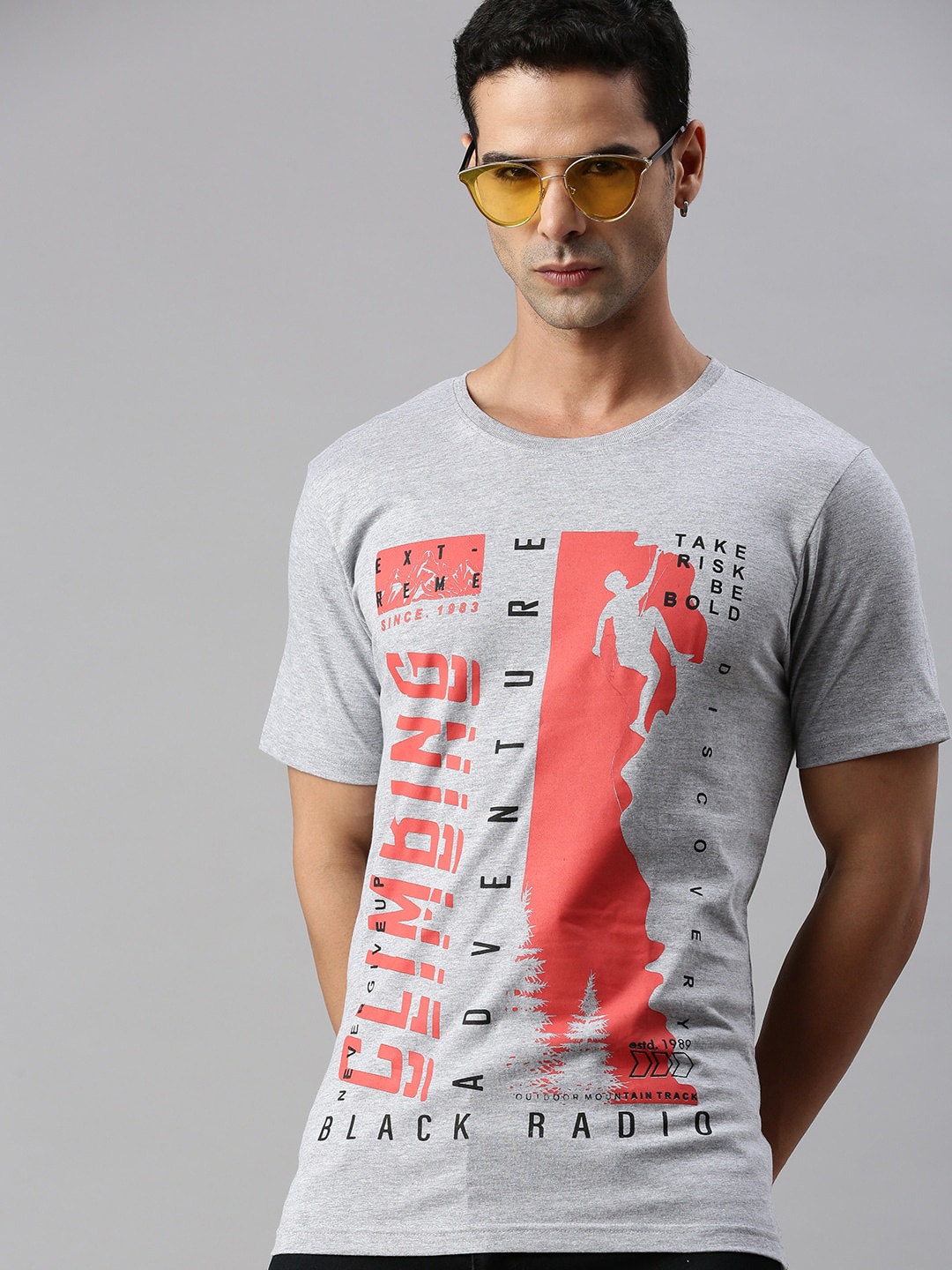 

BLACK RADIO Typography Printed Cotton T-shirt, Grey melange