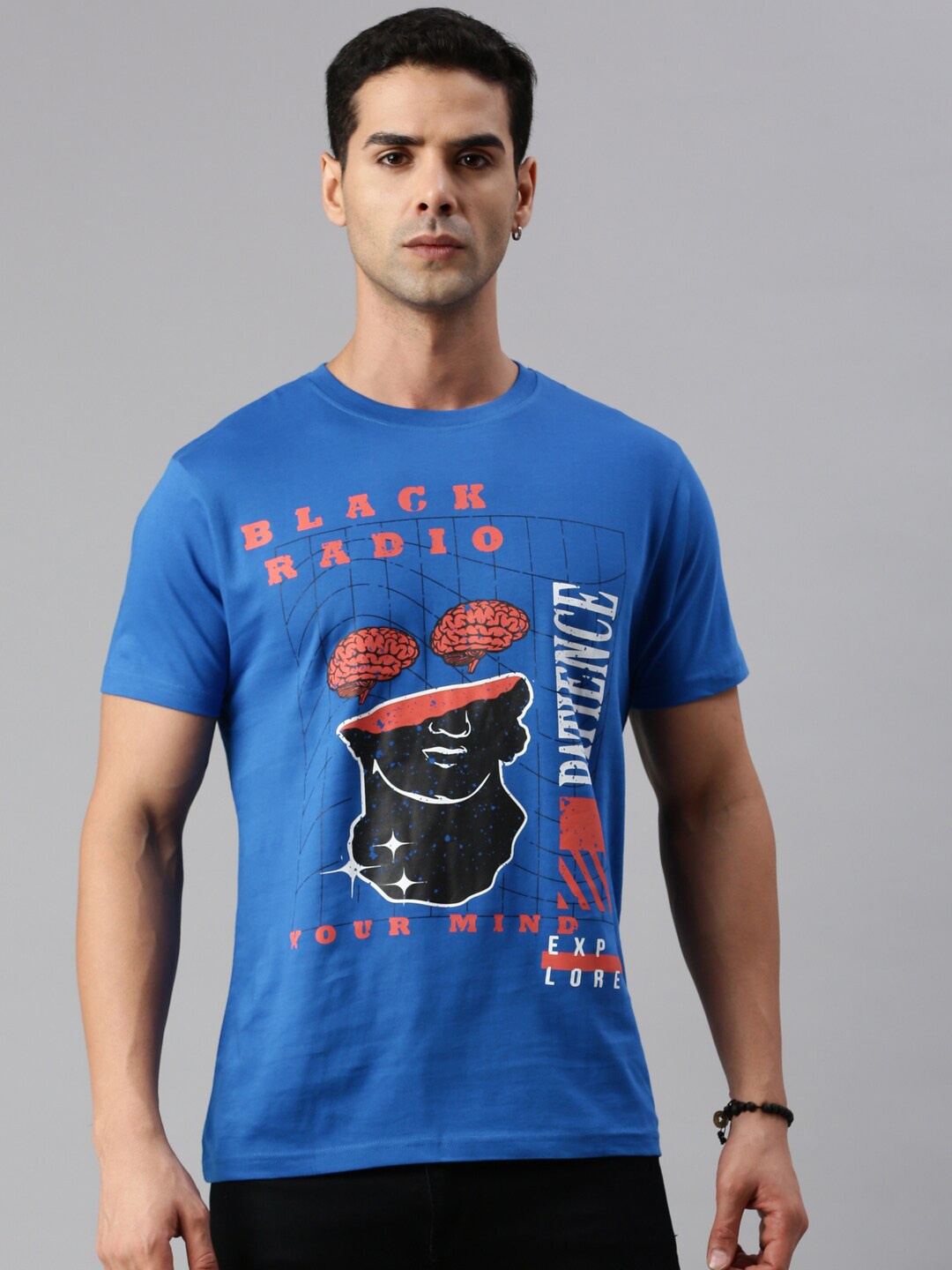 

BLACK RADIO Typography Printed Cotton T-shirt, Blue