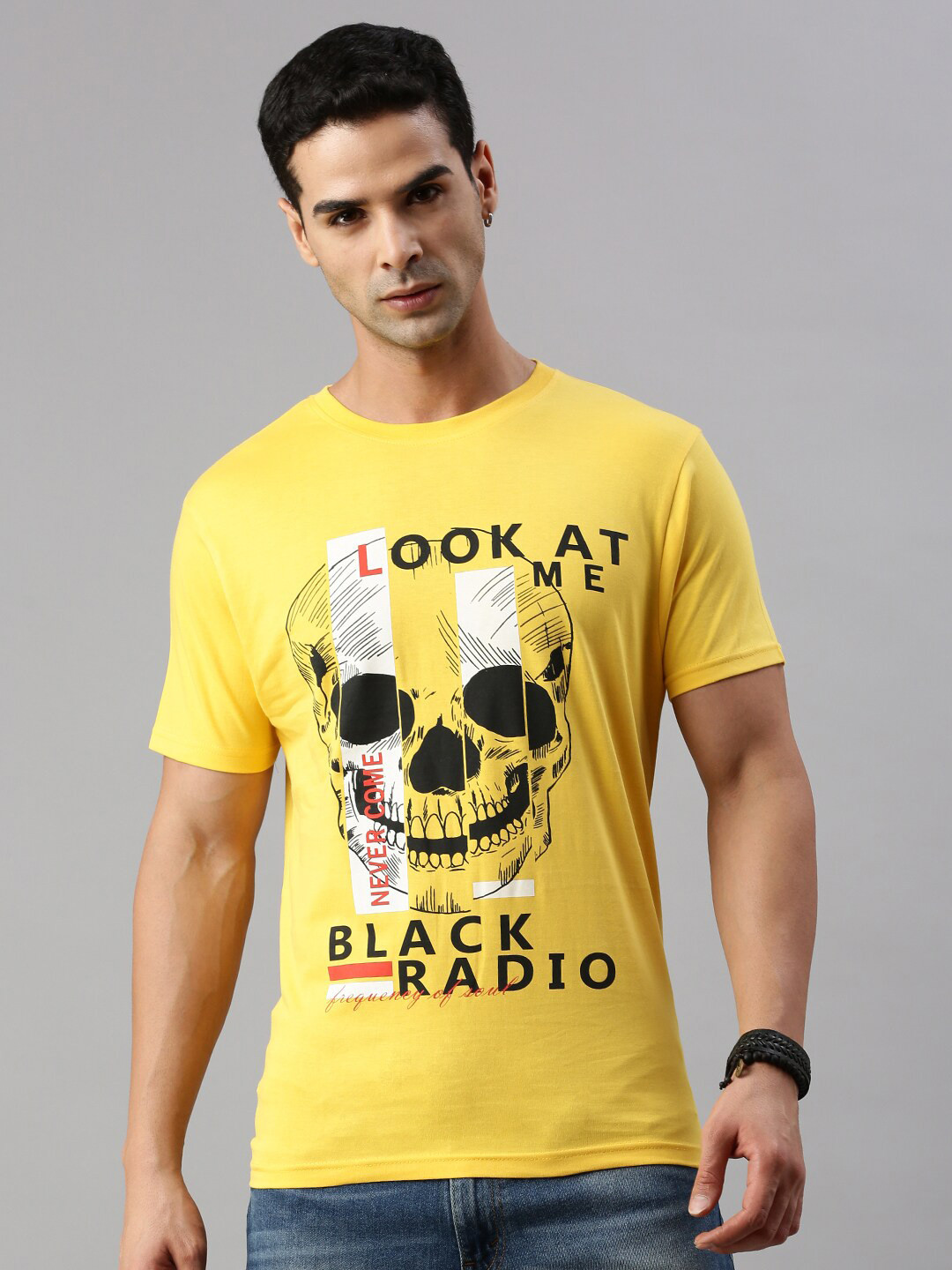 

BLACK RADIO Typography Printed Cotton T-shirt, Yellow