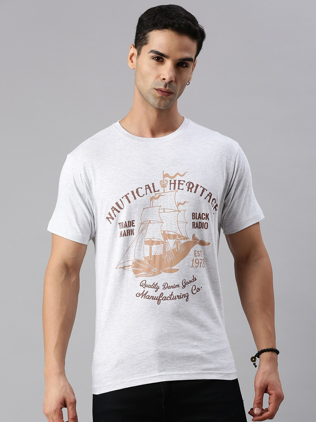 

BLACK RADIO Typography Printed Pure Cotton T-Shirt, Off white