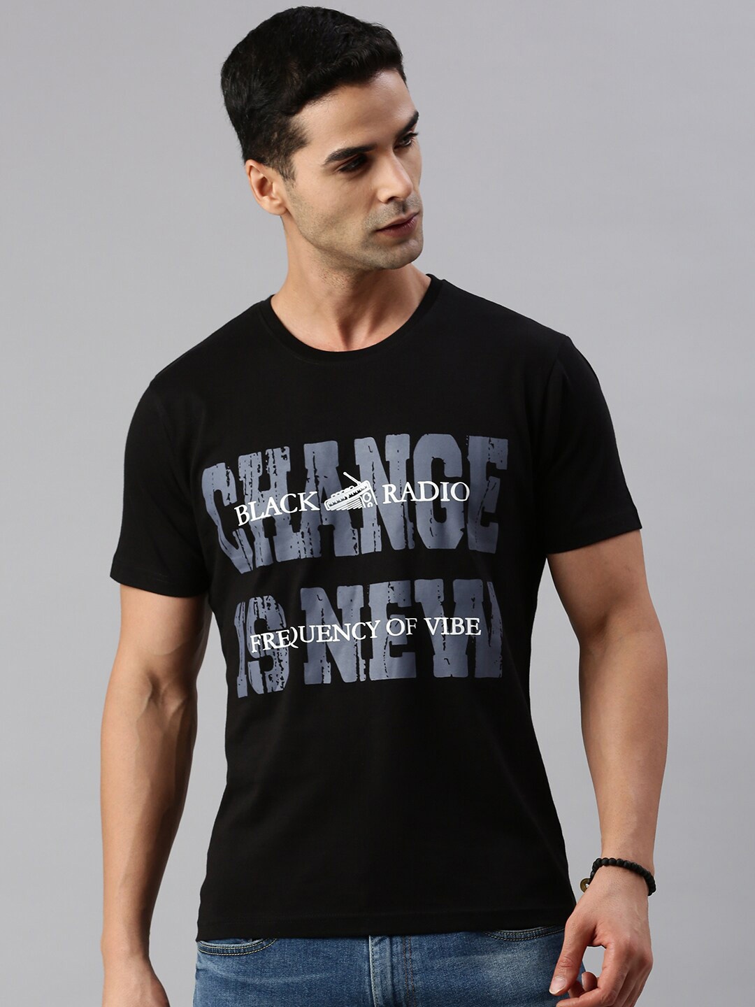 

BLACK RADIO Typography Printed Pure Cotton T-shirt