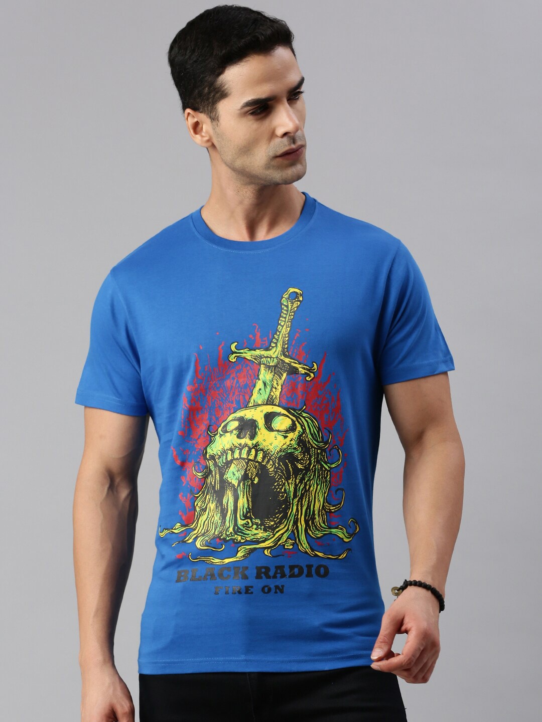 

BLACK RADIO Typography Printed Cotton T-shirt, Blue