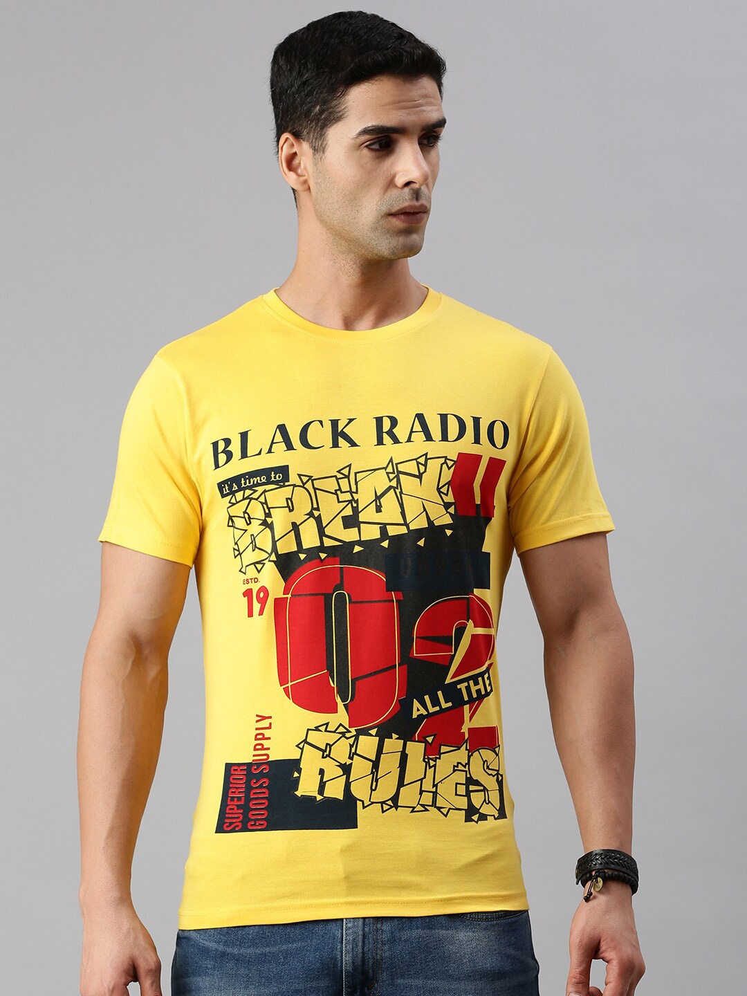 

BLACK RADIO Typography Printed Cotton T-shirt, Yellow