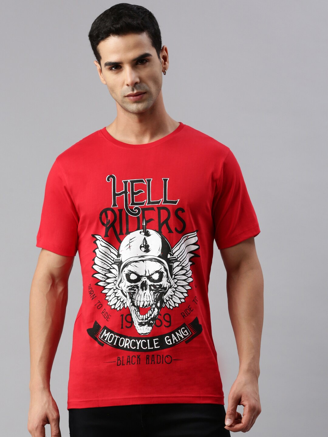 

BLACK RADIO Typography Printed Cotton T-shirt, Red