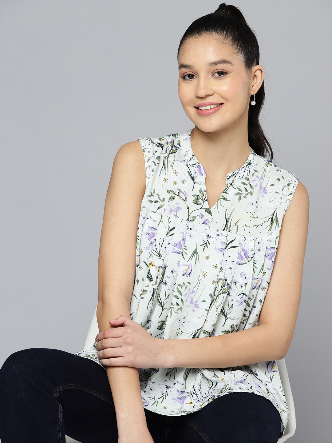 

HERE&NOW Floral Print Mandarin Collar Top, Sea green