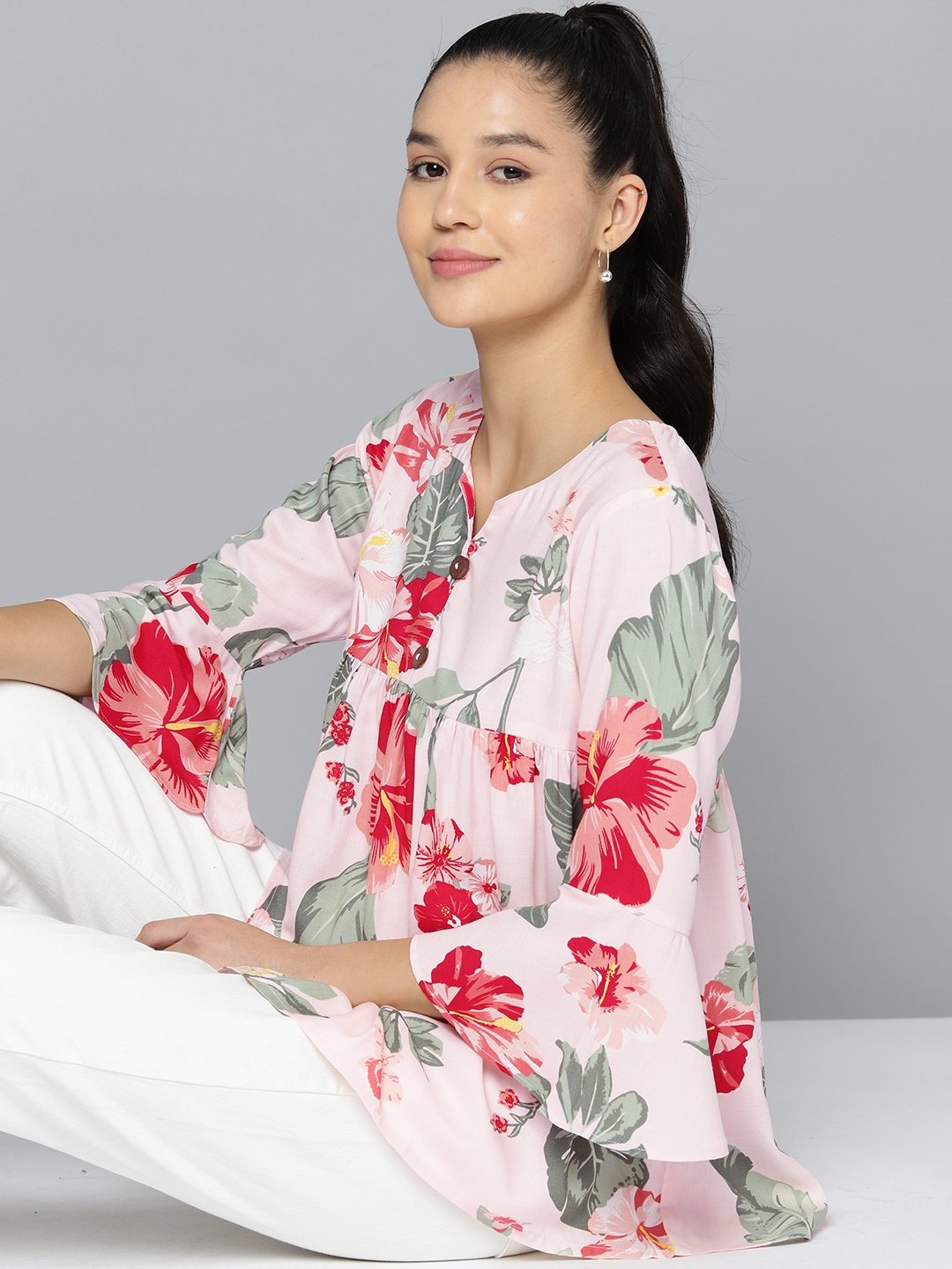

HERE&NOW Floral Print Sweetheart Neck Flared Sleeve Top, Pink