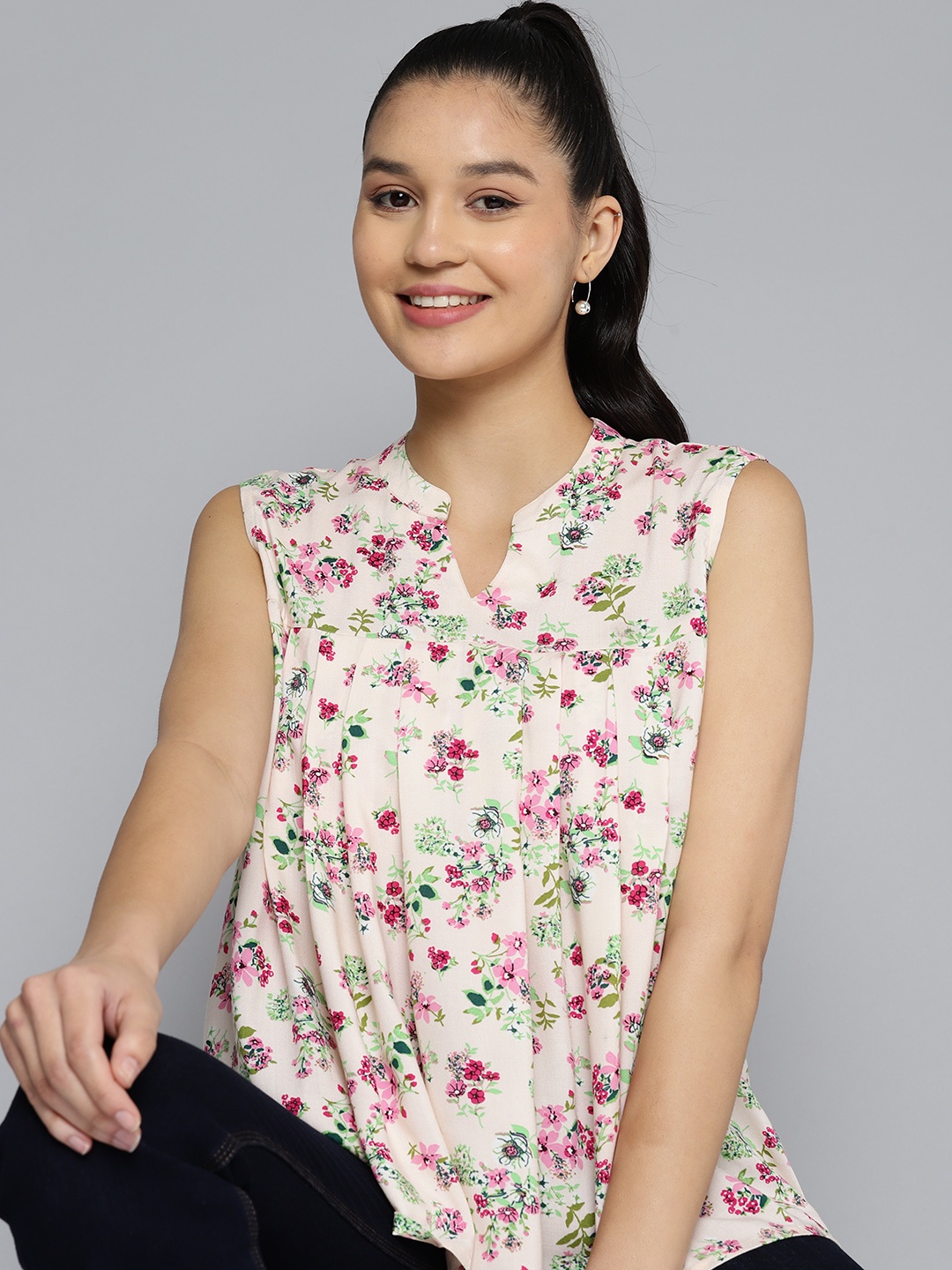 

HERE&NOW Floral Print Mandarin Collar Top, Peach