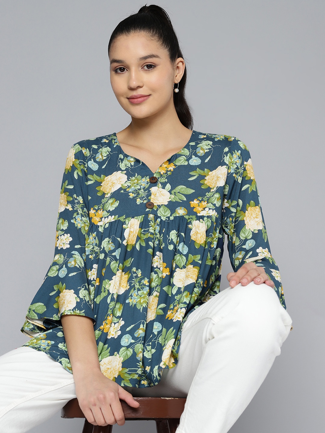 

HERE&NOW Floral Print Sweetheart Neck Flared Sleeve Top, Teal