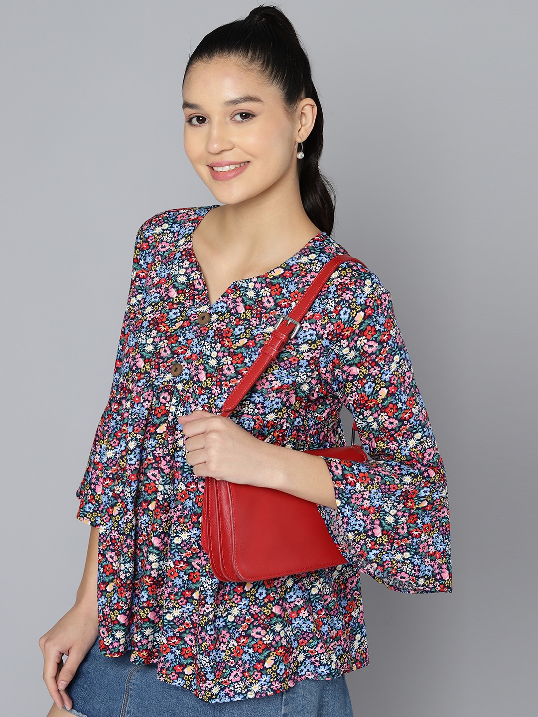 

HERE&NOW Floral Print Sweetheart Neck Bell Sleeve Top, Multi