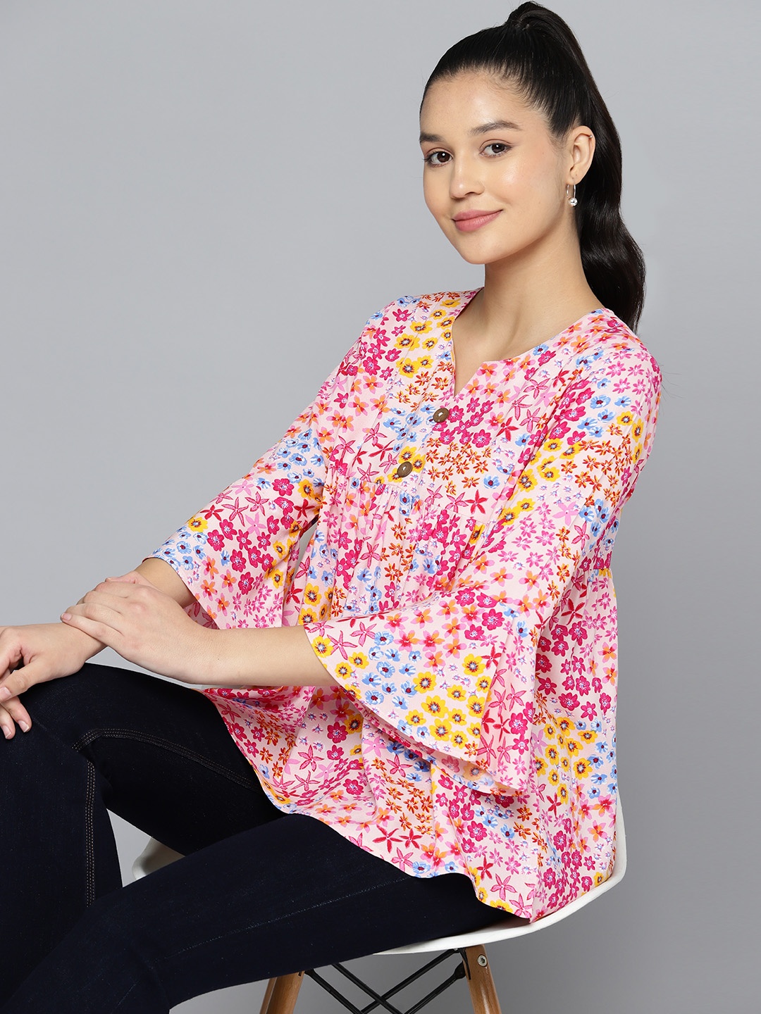 

HERE&NOW Floral Print Sweetheart Neck Flared Sleeve Top, Pink