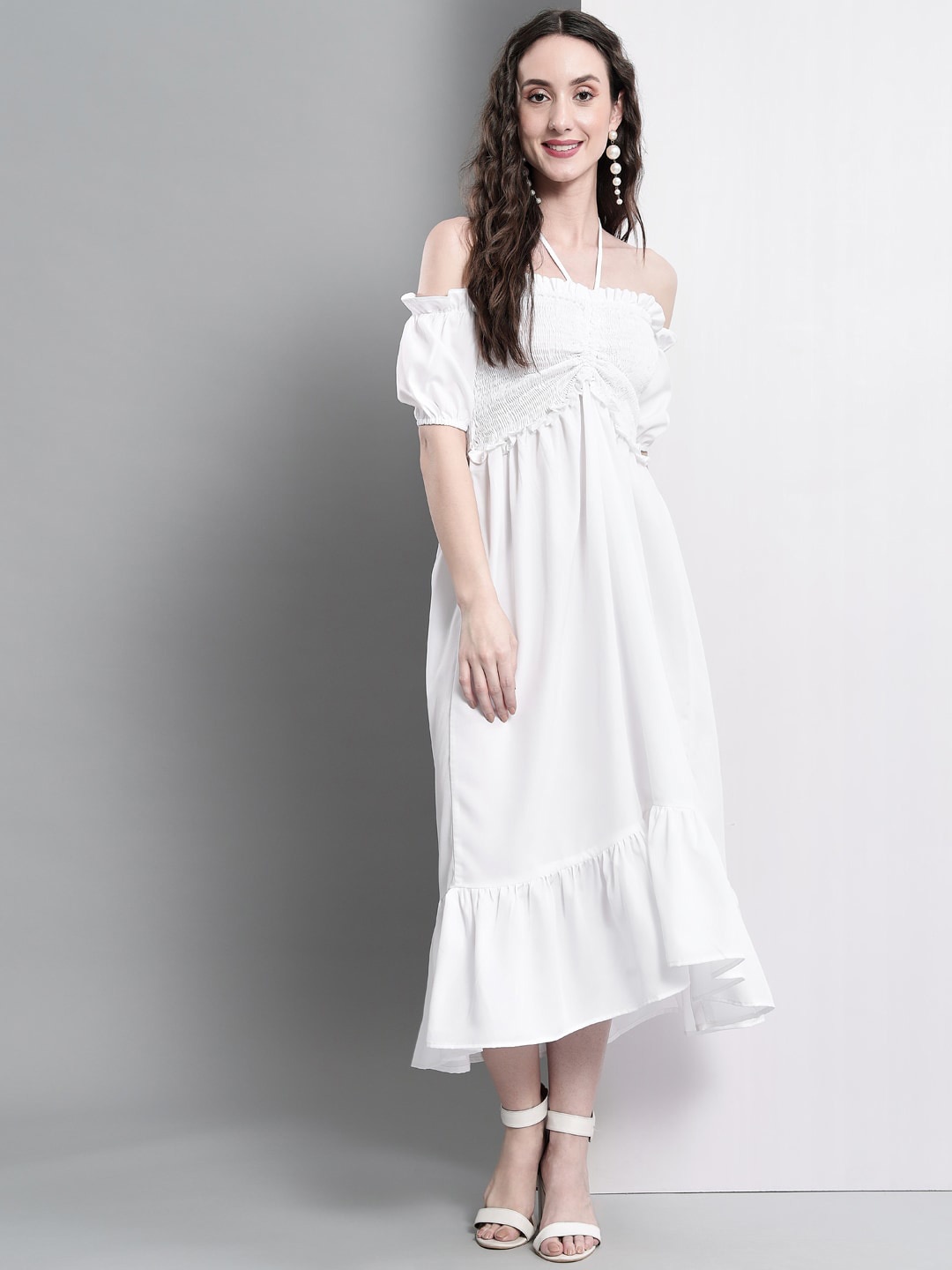 

BAESD Off-Shoulder Smocked Cotton Fit & Flare Midi Dress, White