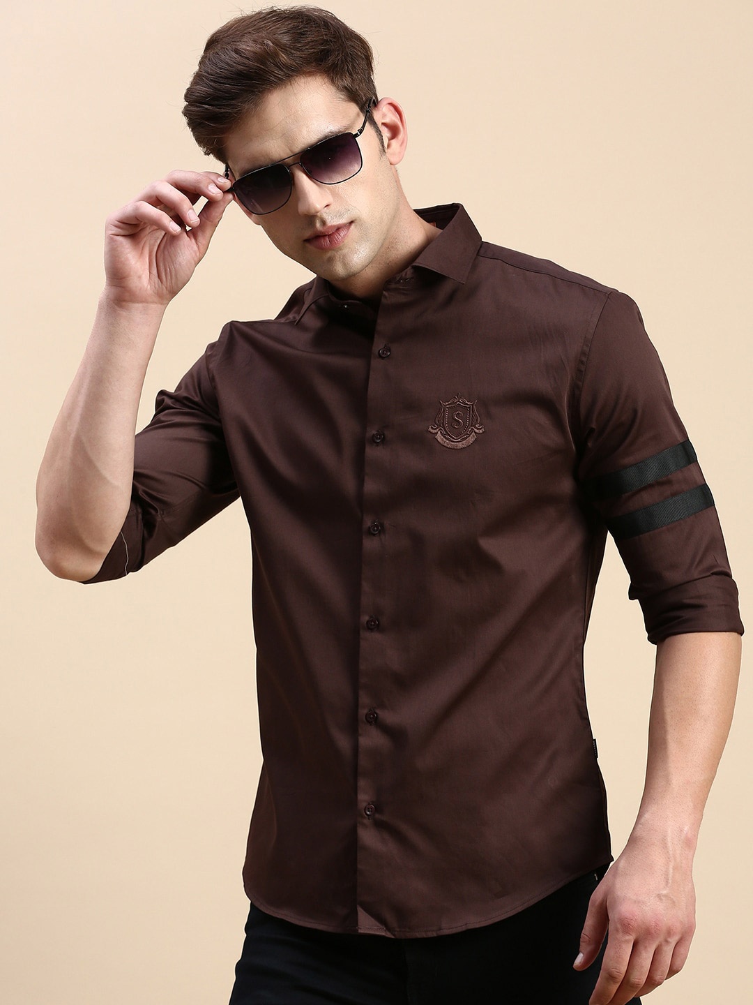 

SHOWOFF Premium Slim Fit Opaque Cotton Casual Shirt, Coffee brown