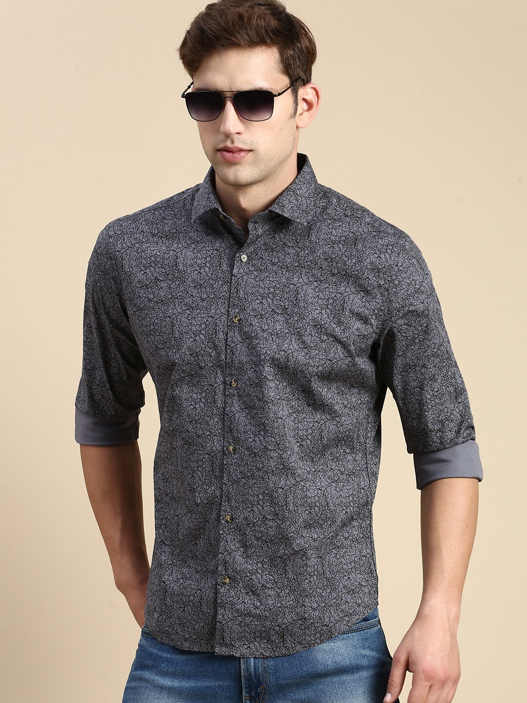 

SHOWOFF Abstract Printed Premium Slim Fit Cotton Casual Shirt, Grey