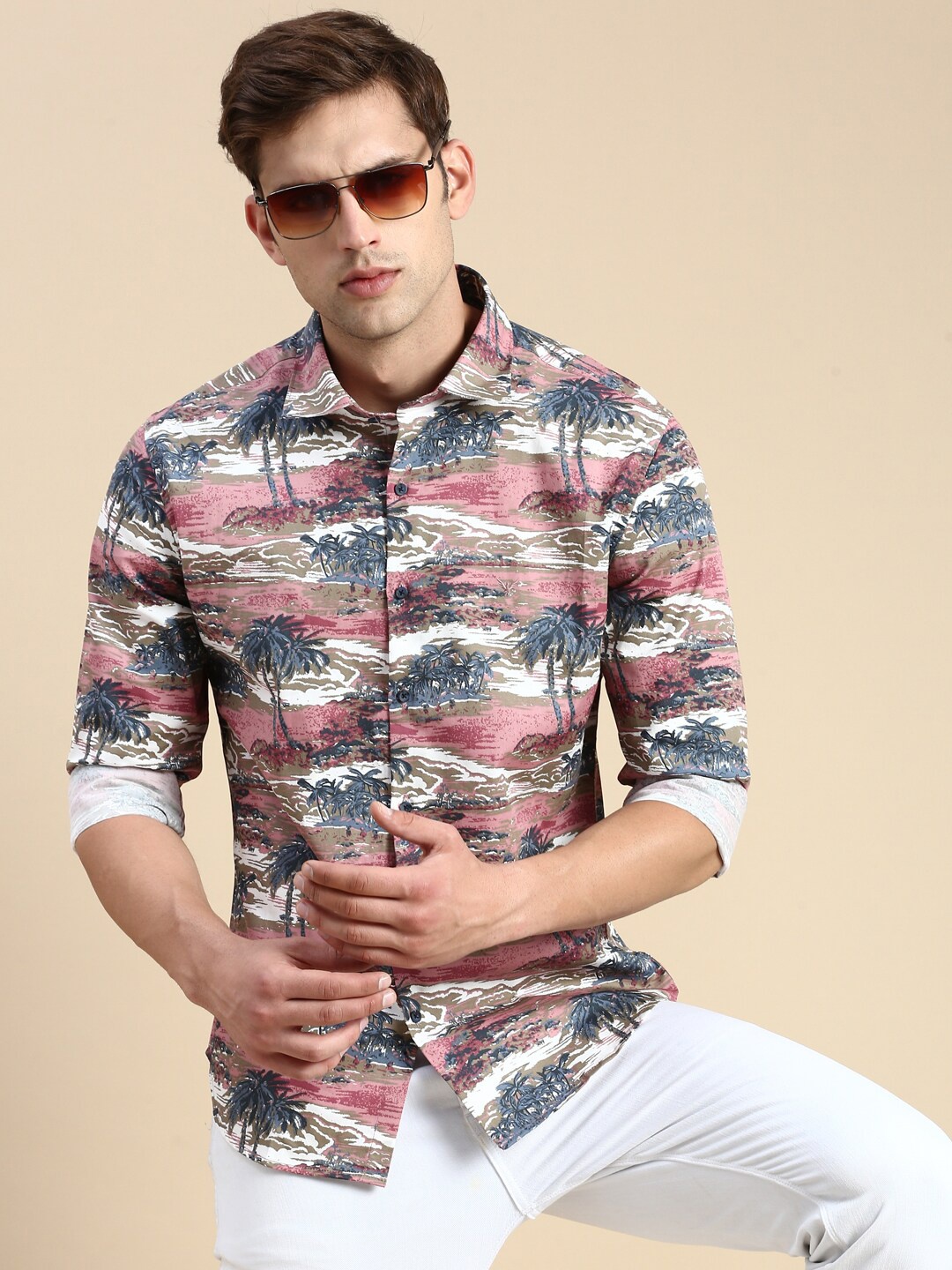 

SHOWOFF Floral Printed Comfort Slim Fit Cotton Casual Shirt, Peach