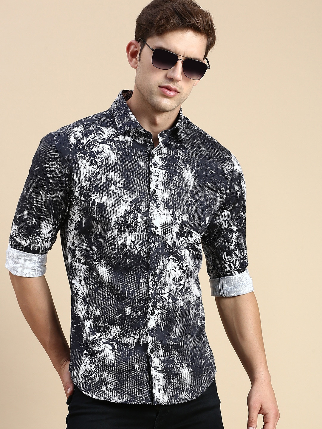

SHOWOFF Comfort Slim Fit Floral Opaque Printed Cotton Casual Shirt, Black