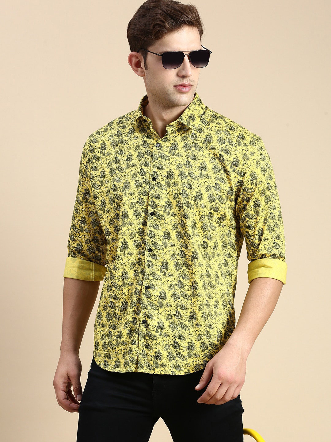 

SHOWOFF Comfort Slim Fit Floral Printed Cotton Casual Shirt, Yellow