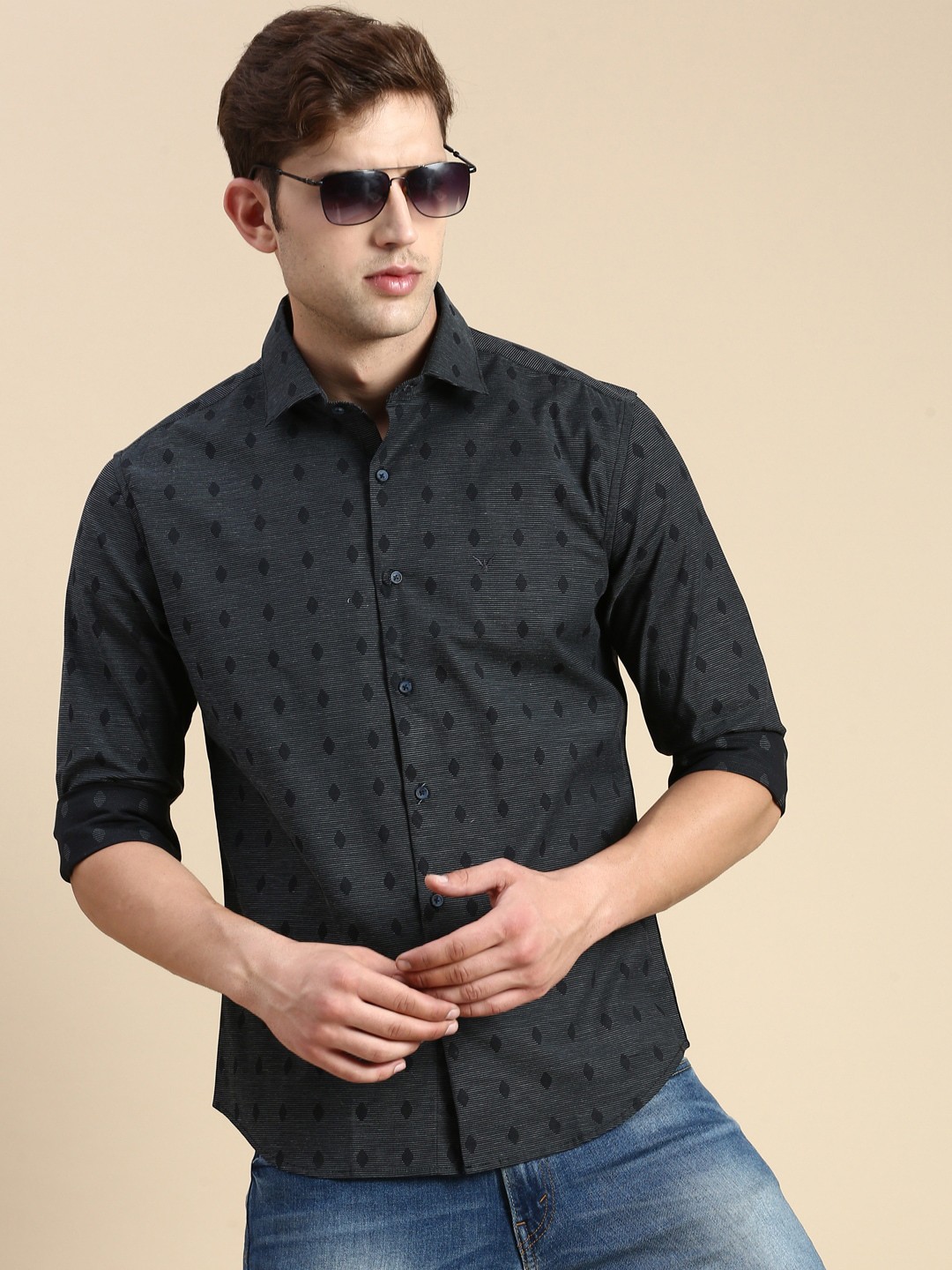 

SHOWOFF Comfort Slim Fit Opaque Printed Cotton Casual Shirt, Navy blue