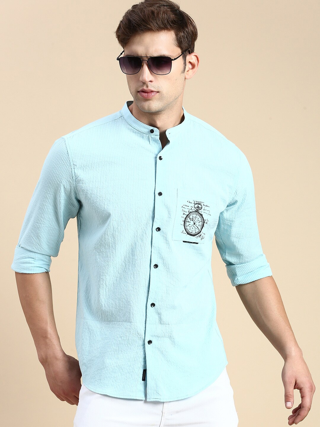 

SHOWOFF Mandarin Collar Comfort Slim Fit Opaque Cotton Casual Shirt, Turquoise blue