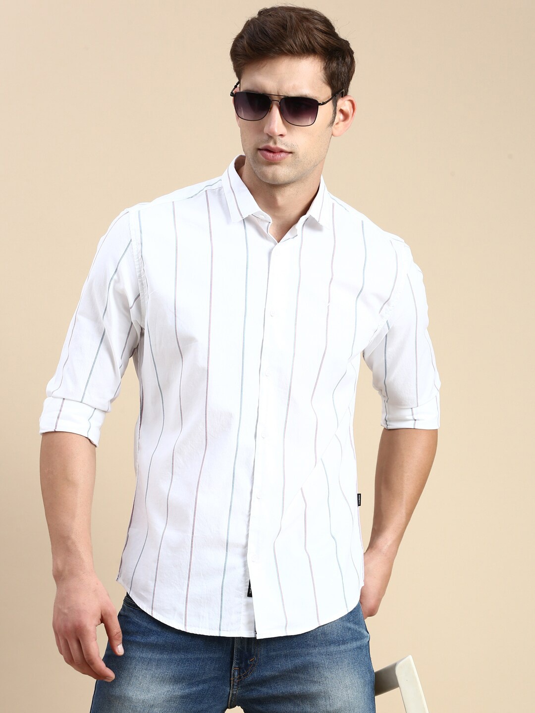 

SHOWOFF Premium Slim Fit Opaque Striped Cotton Casual Shirt, White