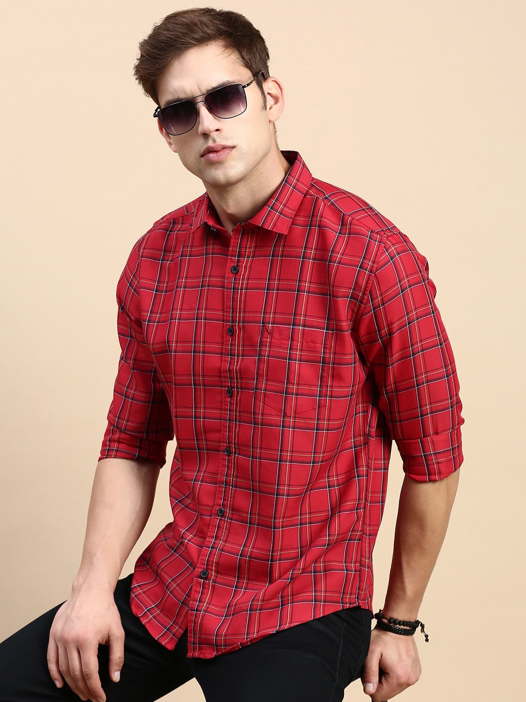 

SHOWOFF Men Tartan Checked Cotton Comfort Slim Fit Opaque Casual Shirt, Red