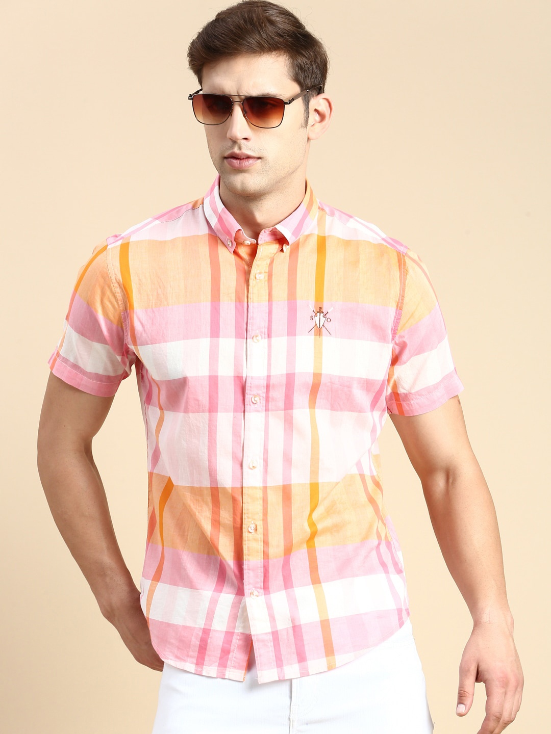 

SHOWOFF Comfort Slim Fit Checked Cotton Casual Shirt, Orange