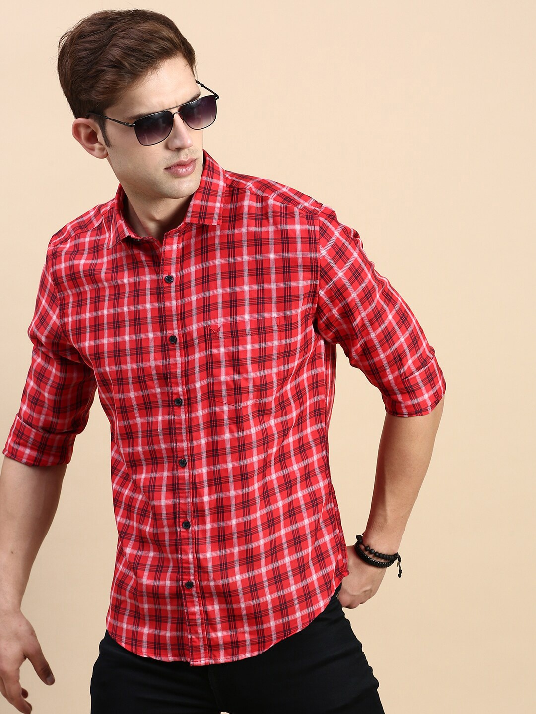 

SHOWOFF Comfort Slim Fit Tartan Checks Cotton Casual Shirt, Red