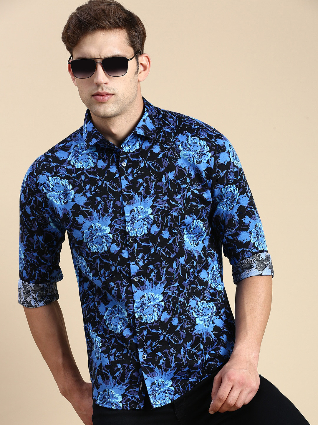 

SHOWOFF Comfort Slim Fit Opaque Floral Printed Cotton Casual Shirt, Navy blue