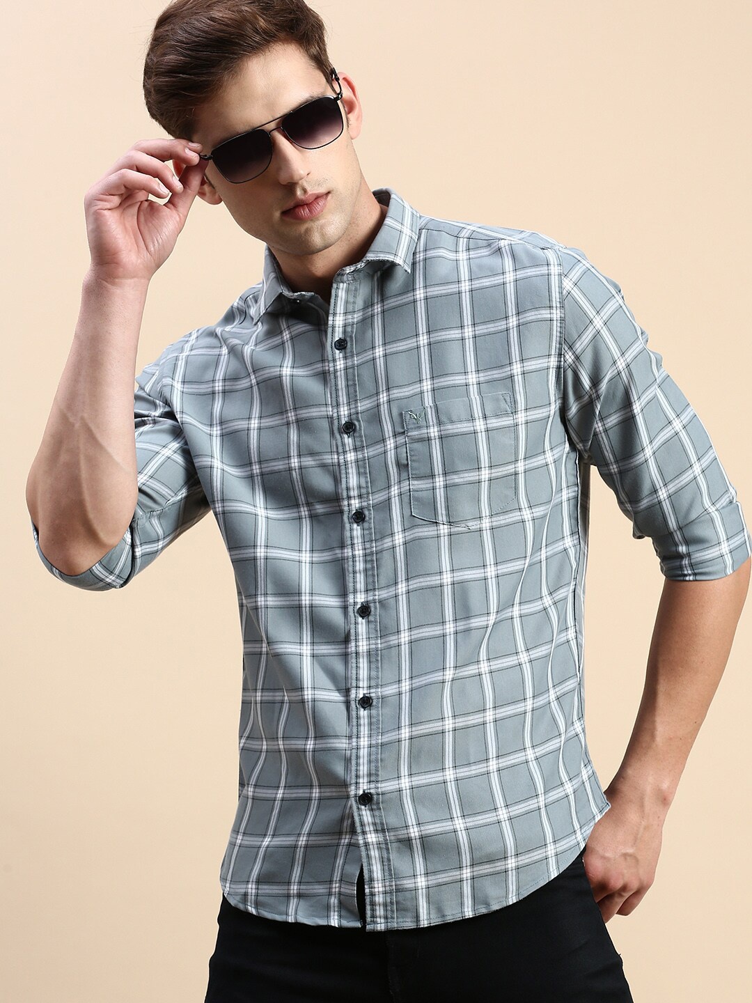 

SHOWOFF Comfort Slim Fit Windowpane Checks Opaque Cotton Casual Shirt, Sea green