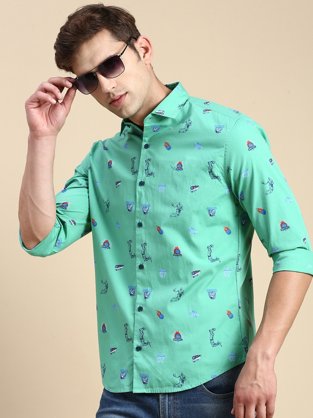 

SHOWOFF Conversational Printed Premium Slim Fit Cotton Casual Shirt, Green