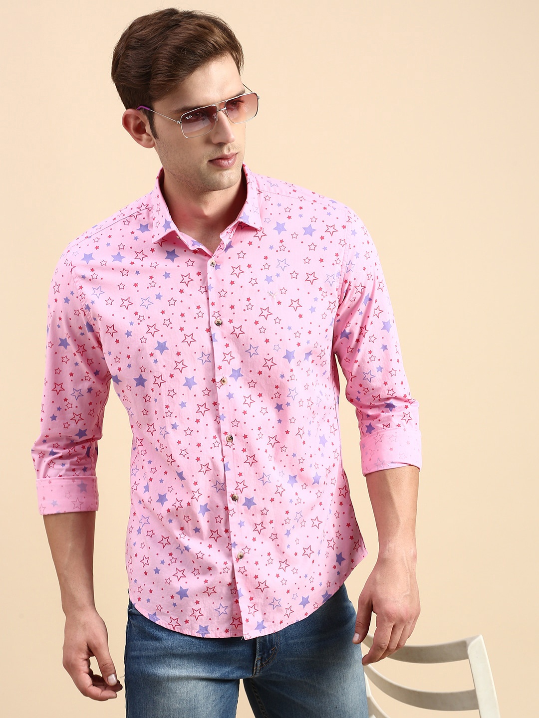 

SHOWOFF Premium Slim Fit Floral Printed Cotton Casual Shirt, Pink