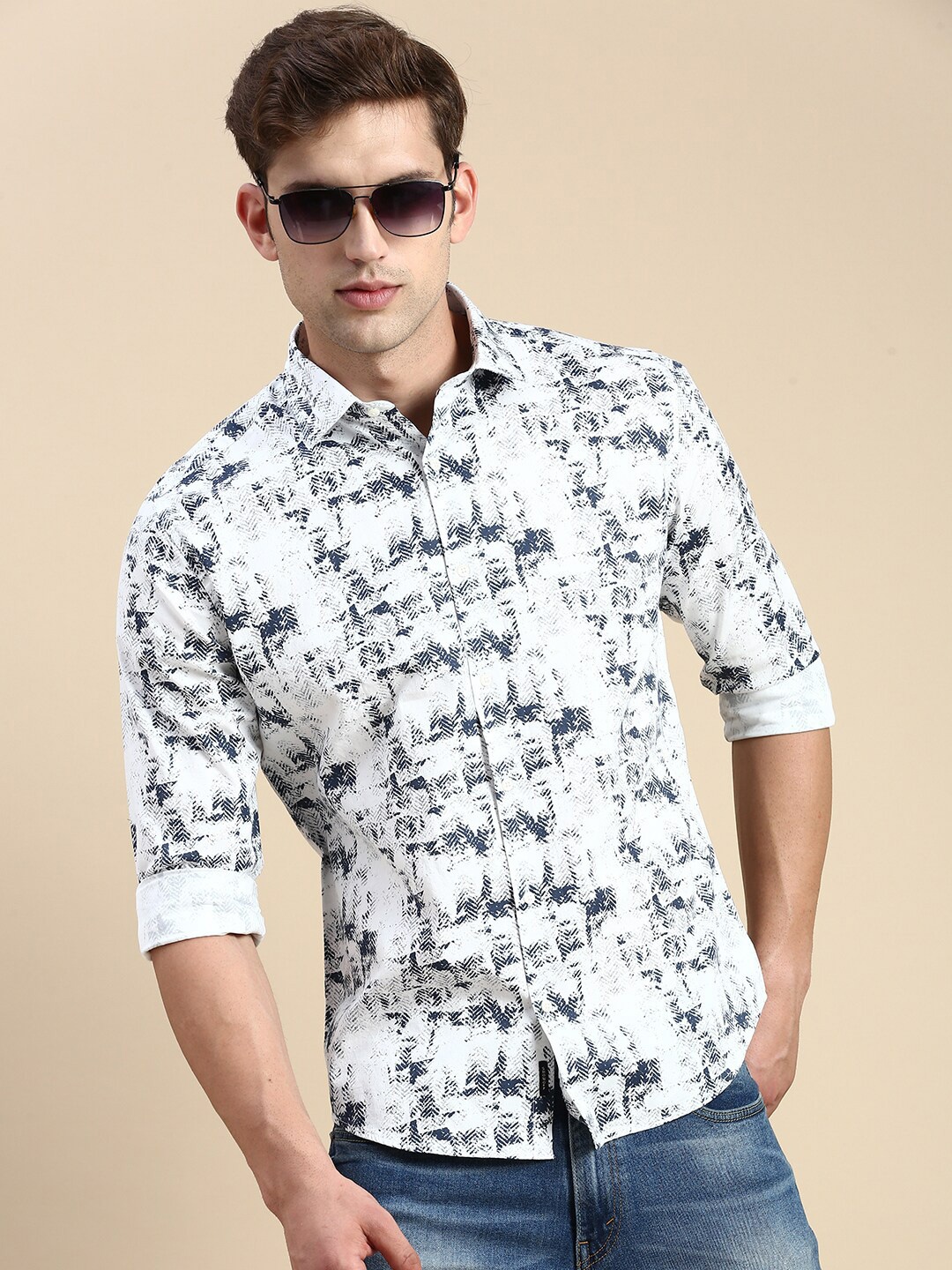 

SHOWOFF Abstract Printed Premium Slim Fit Opaque Cotton Casual Shirt, White
