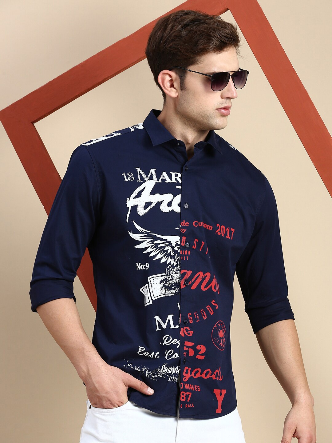 

SHOWOFF Premium Slim Fit Opaque Typography Printed Cotton Casual Shirt, Navy blue