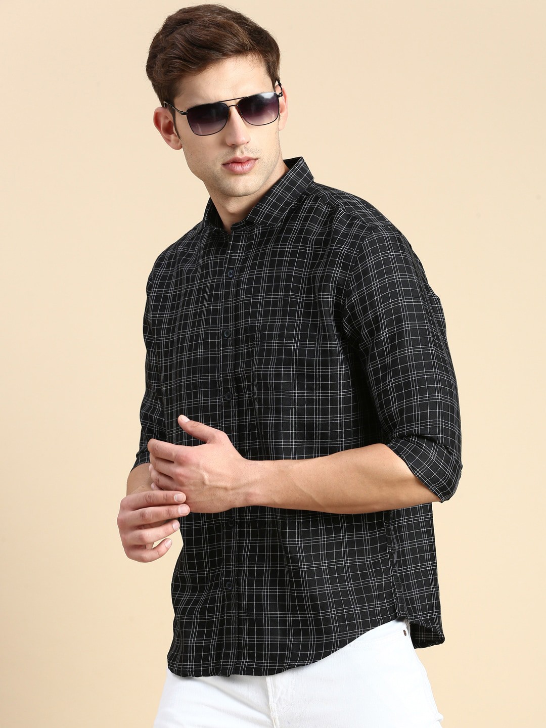 

SHOWOFF Comfort Slim Fit Grid Tattersall Checks Opaque Cotton Casual Shirt, Black