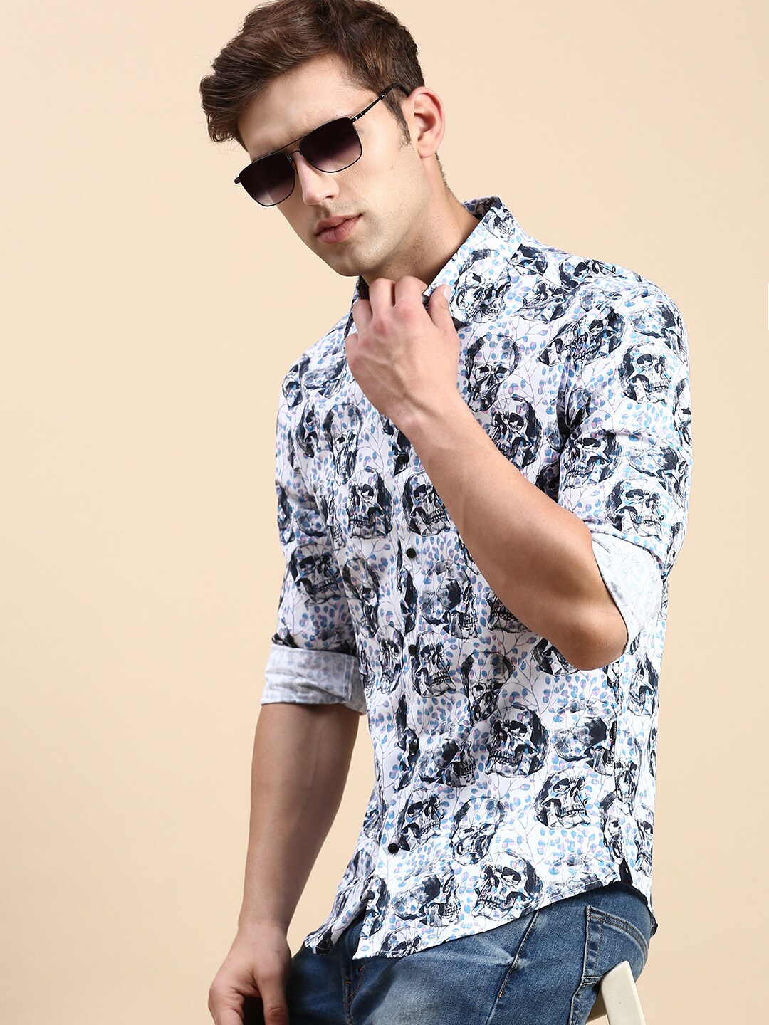 

SHOWOFF Graphic Printed Comfort Slim Fit Cotton Casual Shirt, White