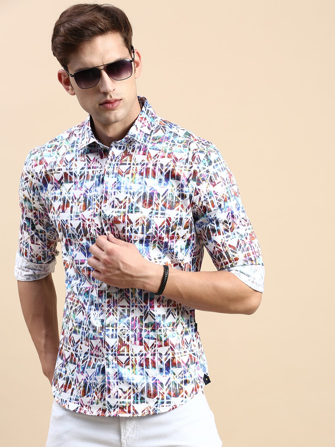 

SHOWOFF Geometric Printed Comfort Slim Fit Cotton Casual Shirt, White