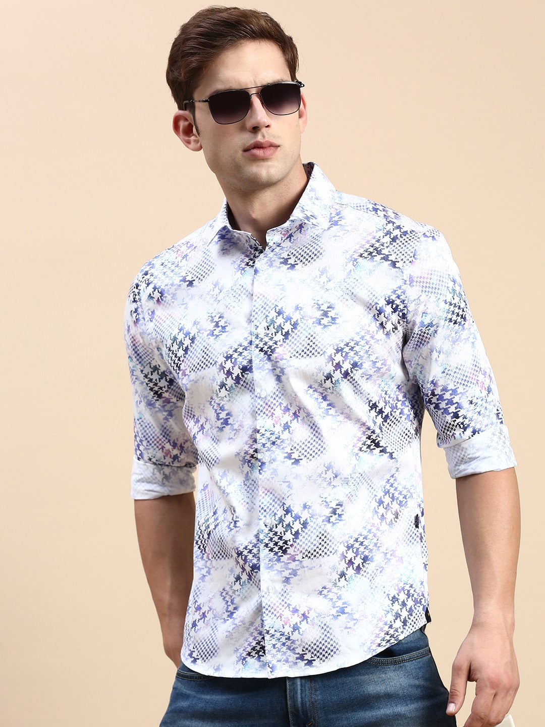 

SHOWOFF Comfort Slim Fit Abstract Printed Cotton Casual Shirt, White