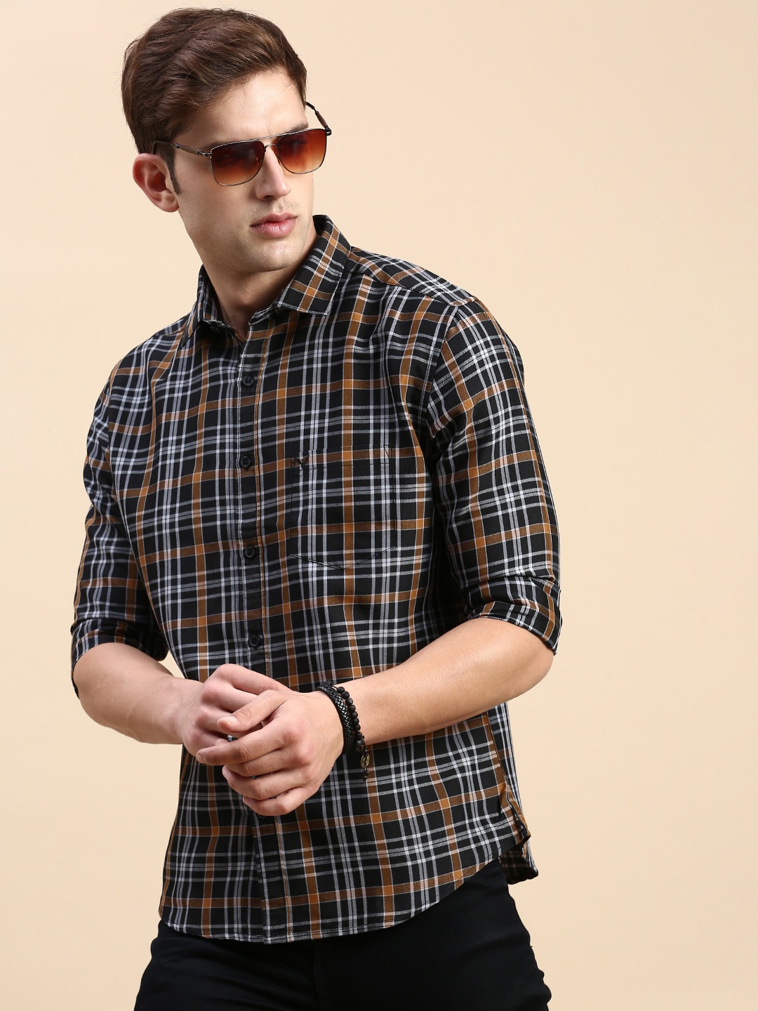 

SHOWOFF Comfort Slim Fit Tartan Checks Opaque Cotton Casual Shirt, Navy blue