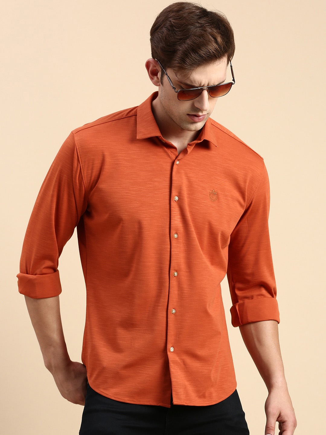 

SHOWOFF Premium Slim Fit Opaque Cotton Casual Shirt, Rust