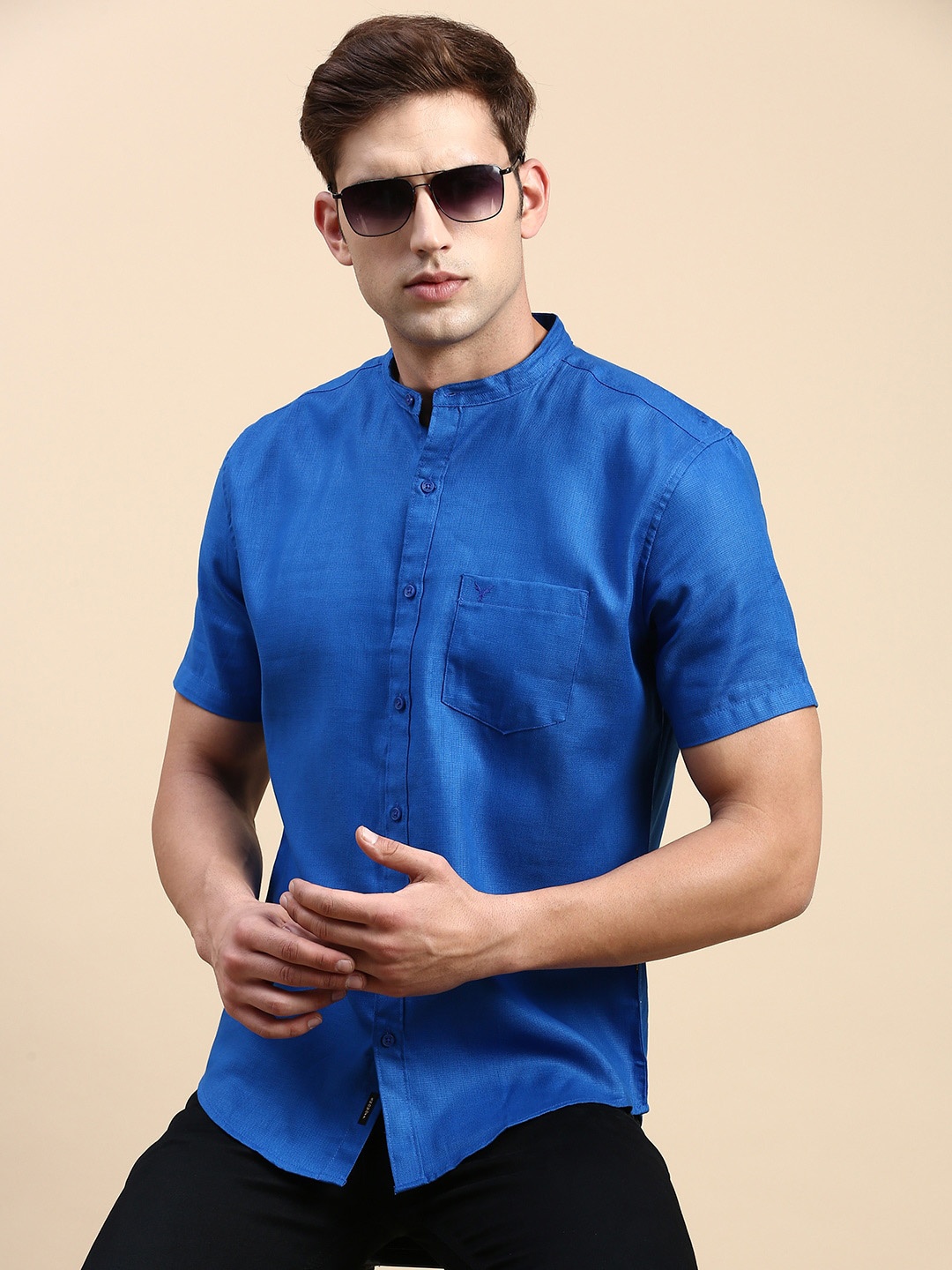 

SHOWOFF Comfort Slim Fit Mandarin Collar Opaque Cotton Linen Casual Shirt, Blue