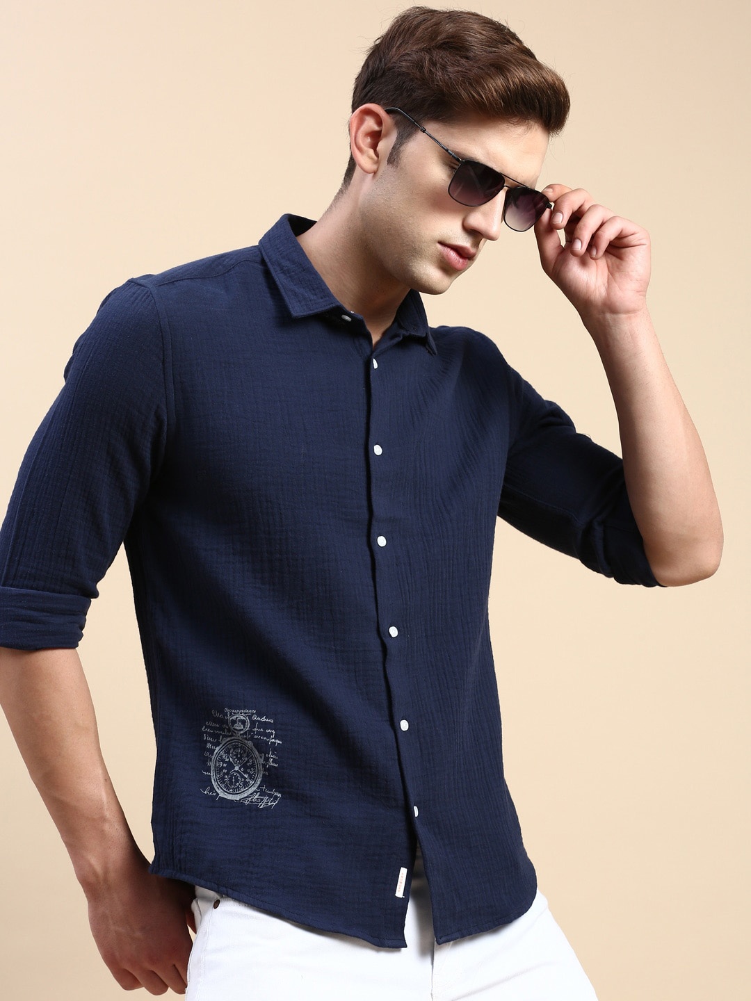 

SHOWOFF Men Cotton Premium Slim Fit Opaque Casual Shirt, Navy blue